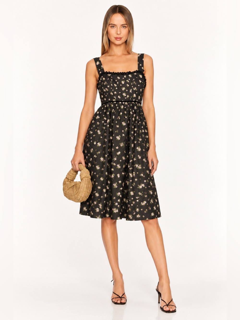 B.right Black Floral Square-Neck Midi Dress size L